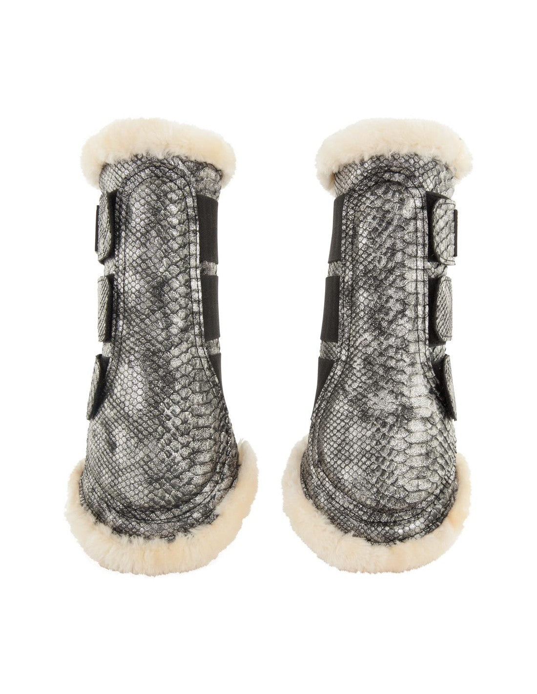 BR Equestrian Shiny Lizard Fleece Brushing Boots Black Silver