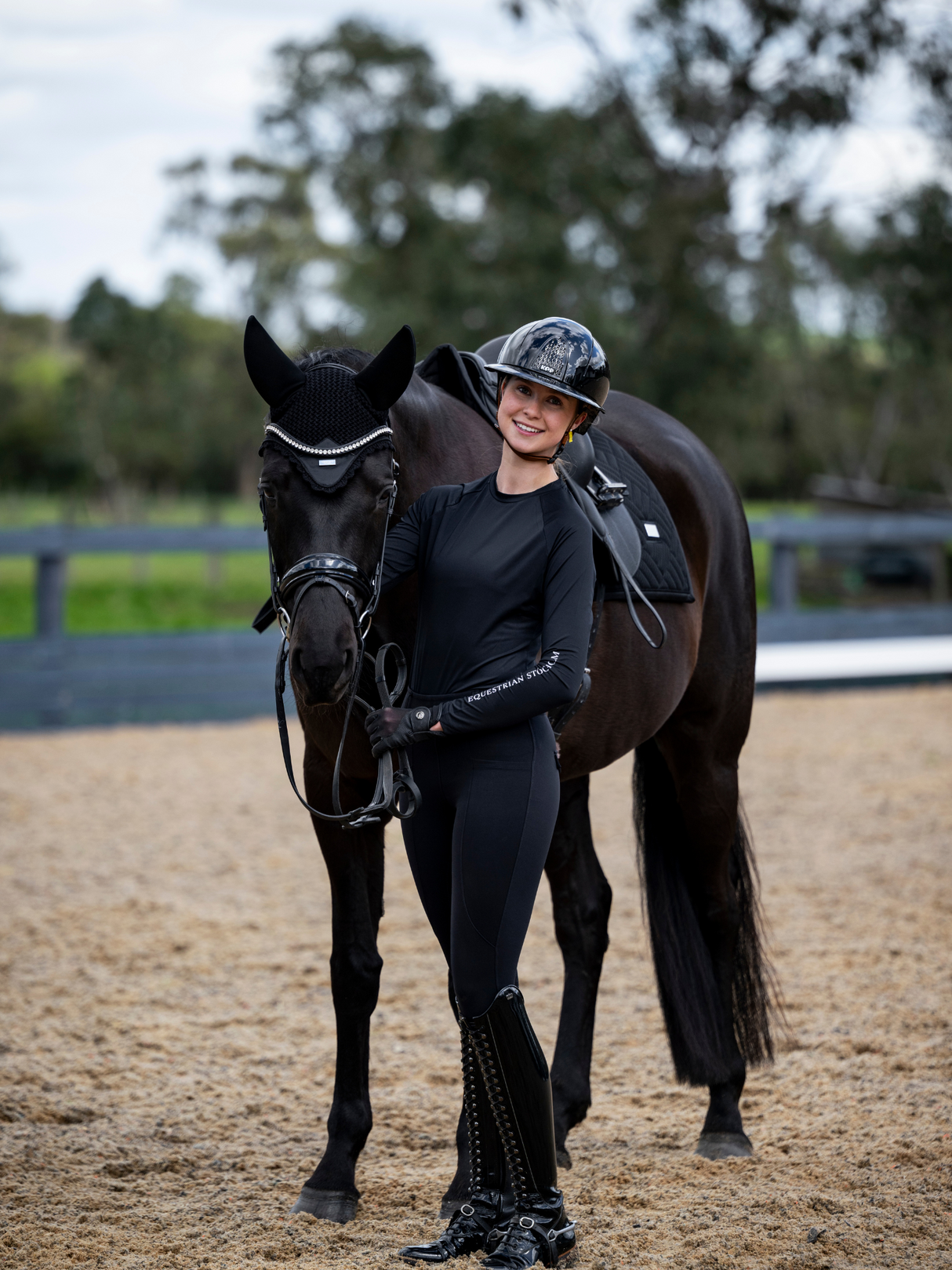 Equestrian Stockholm Padded Ear Bonnet Black Silver