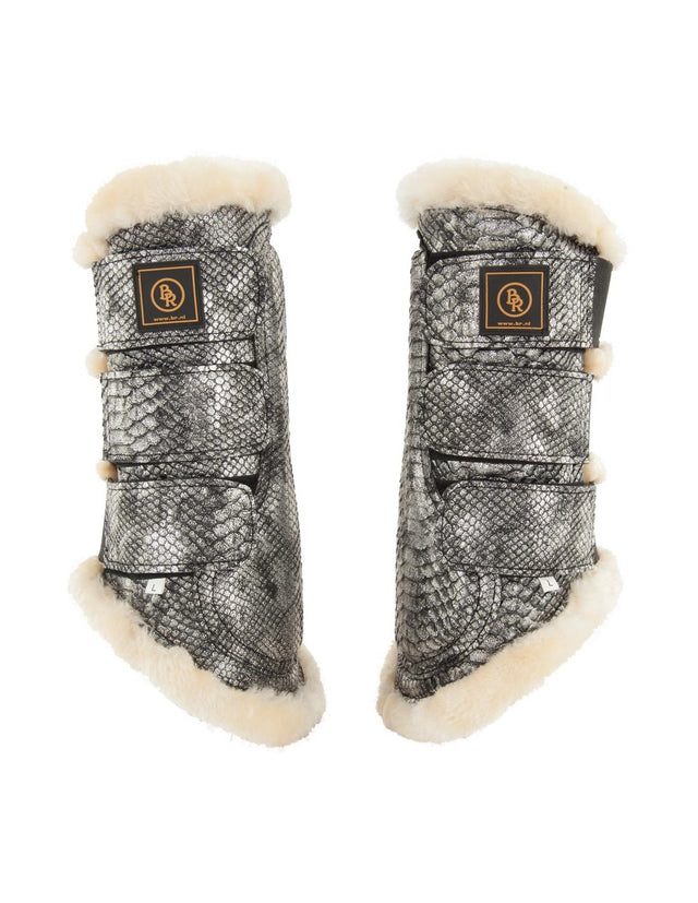 BR Equestrian Shiny Lizard Fleece Brushing Boots Black Silver