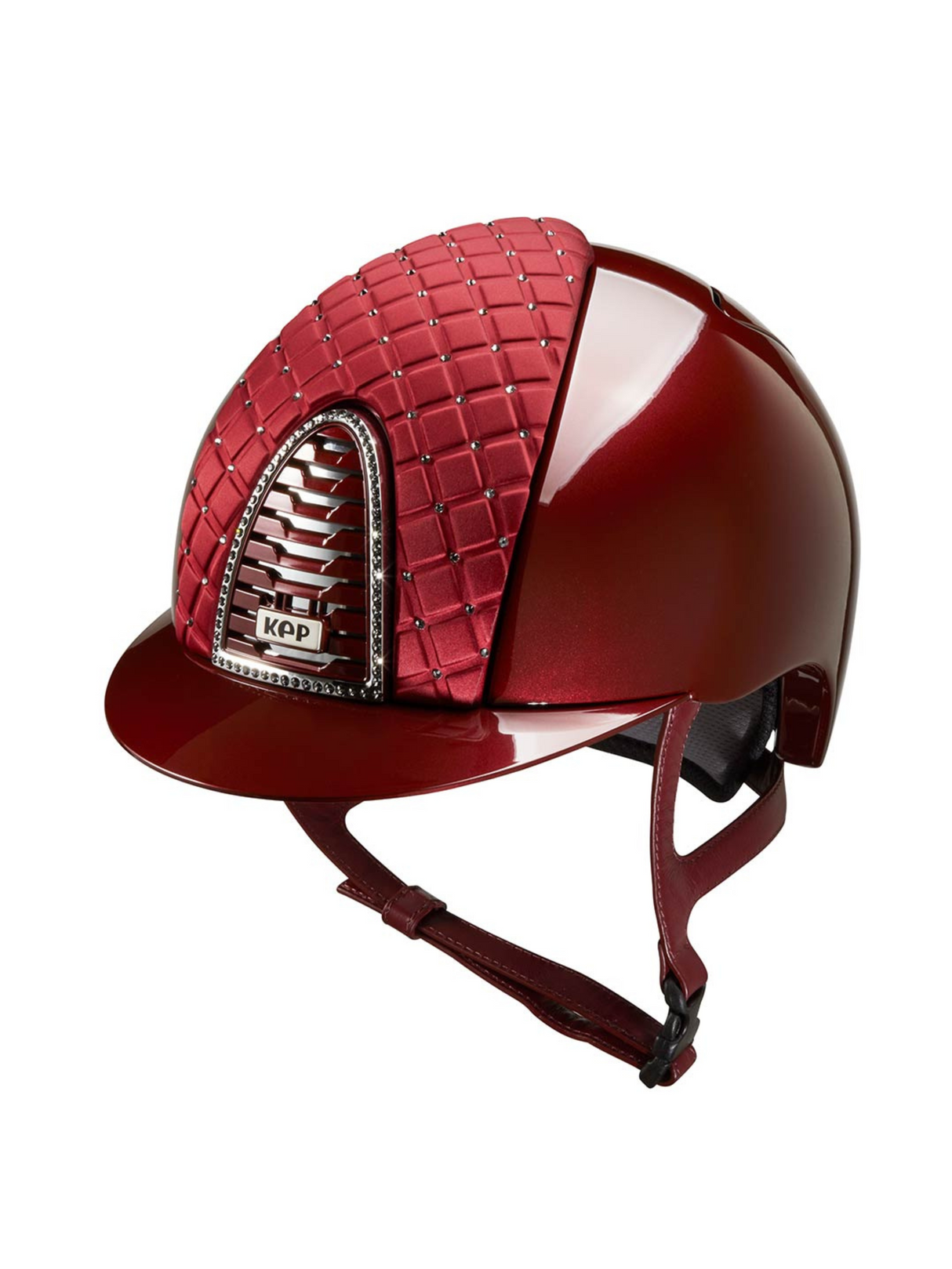 KEP Cromo 2.0 Helmet Metal Bordeaux - Satin Milano Cross Front Panel with Silver Night Swarovski Crystals - Swarovski Frame