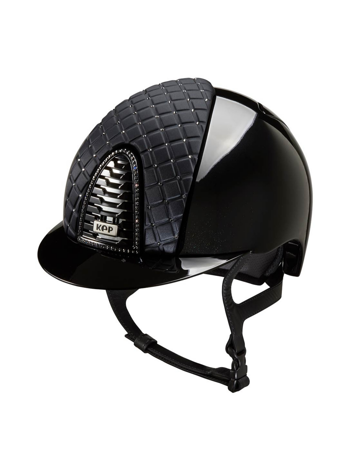 KEP Cromo 2.0 Helmet Polish Black - Satin Milano Cross Front Panel with Silver Night Swarovski Crystals - Swarovski Frame